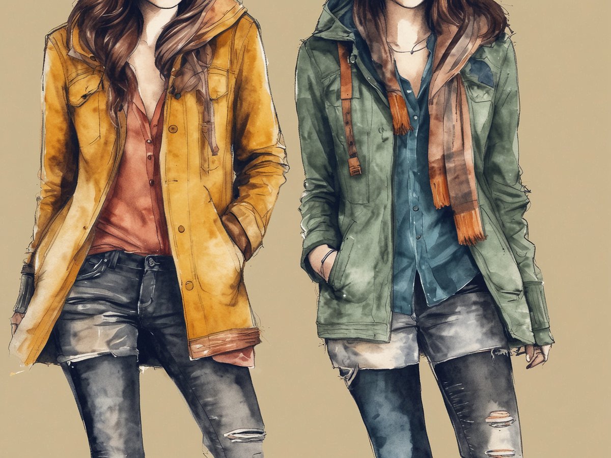 Zwei Frauen in modischer Kleidung stehen nebeneinander. Die erste Frau trägt eine gelbe Jacke über einem roten Oberteil und dunkle Jeans. Die zweite Frau ist in einer grünen Jacke und einem blauen Hemd gekleidet, ergänzt durch einen gestreiften Schal in warmen Farben. Beide Outfits sind lässig und geeignet für einen Wochenendtrip oder Urlaub. Die Abbildung vermittelt einen entspannten und stylischen Look für die Freizeit.