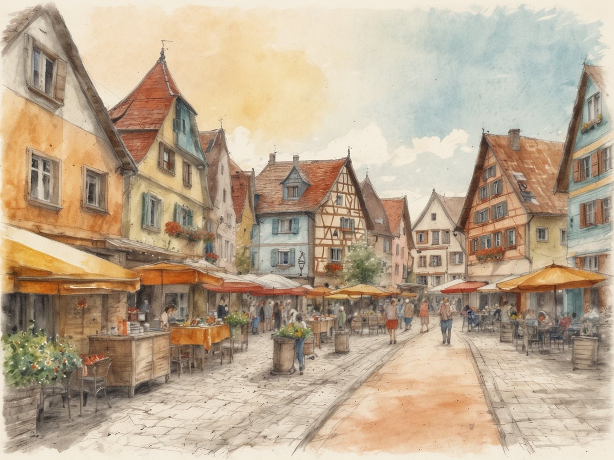 Eine malerische Gasse in einem alten Dorf mit bunten Fachwerkhäusern und hellgetünchten Gebäuden. Auf der linken Seite stehen mehrere Cafés mit orangenen Sonnenschirmen und Tischen im Freien, umgeben von blühenden Pflanzen. Menschen flanieren gemütlich durch die Gasse, einige unterhalten sich an den Tischen. Der Himmel ist hell und sonnig, während sich sanfte Wolken am Horizont zeigen. Die Szene strahlt eine einladende und entspannte Atmosphäre aus.