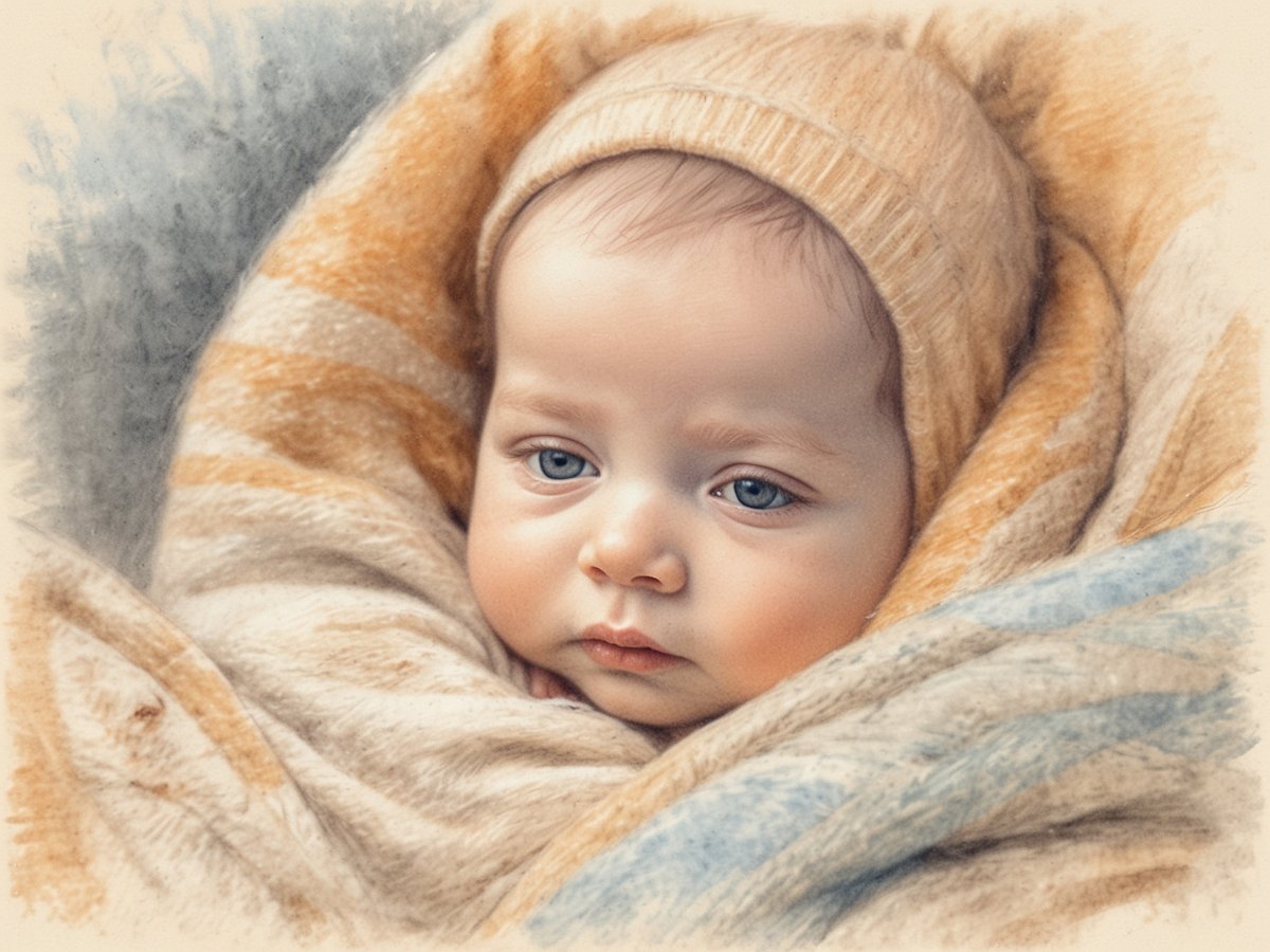 Ein Neugeborenes liegt in einer warmen, gestreiften Decke. Das Baby hat große, ausdrucksvolle Augen und trägt eine weiche, beigefarbene Mütze. Die Gesichtszüge sind sanft und die Haut hat einen gesunden, rosigen Ton. Die Decke ist aus einem weichen Material und umhüllt das Baby gemütlich. Der Hintergrund ist unscharf, was die Liebe und Ruhe der Szene betont.