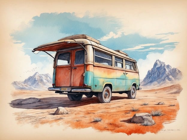 Auf dem Bild sehen wir einen alten, bunten Campingbus, der in einer weiten, sandigen Landschaft steht. Umgeben von majestätischen Bergen und einem klaren Himmel vermittelt die Szene ein Gefühl von Freiheit und Abenteuer.

In der Mythologie gibt es viele Geschichten über Reisen und Entdeckungen. Der Campingbus kann als modernes Pendant zu den alten Abenteurern betrachtet werden, die unbekannte Wege erkundeten. Vielleicht erinnert er an die Legende von Odysseus, der auf seiner Reise viele unbekannte Länder betrat und Herausforderungen meisterte. 

Der Bus könnte auch als Symbol für die Sehnsucht nach dem Unbekannten stehen, ähnlich wie die mythischen Heldinnen und Helden, die sich auf die Suche nach ihren eigenen Abenteuern begeben. In alten Geschichten wird oft betont, dass der Weg das Ziel ist; so wie die Entdeckung neuer Orte im Bus die Möglichkeit bietet, neue Geschichten zu erleben und neue Perspektiven zu gewinnen.