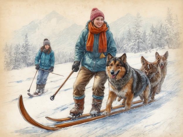 Auf dem Bild sind zwei Personen zu sehen, die im Schnee unterwegs sind. Eine der Frauen fährt mit einem Schlitten, der von Hunden gezogen wird. Diese Aktivität ist eine beliebte Form des Hundeschlittens, abseits der klassischen Skipisten. Die andere Person scheint auch Spaß im Schnee zu haben und nutzt Ski und Stöcke, um durch die winterliche Landschaft zu gleiten. Die Umgebung zeigt eine verschneite Berglandschaft, die für Outdoor-Aktivitäten wie Schneeschuhwandern oder Winterwanderungen einladend ist.