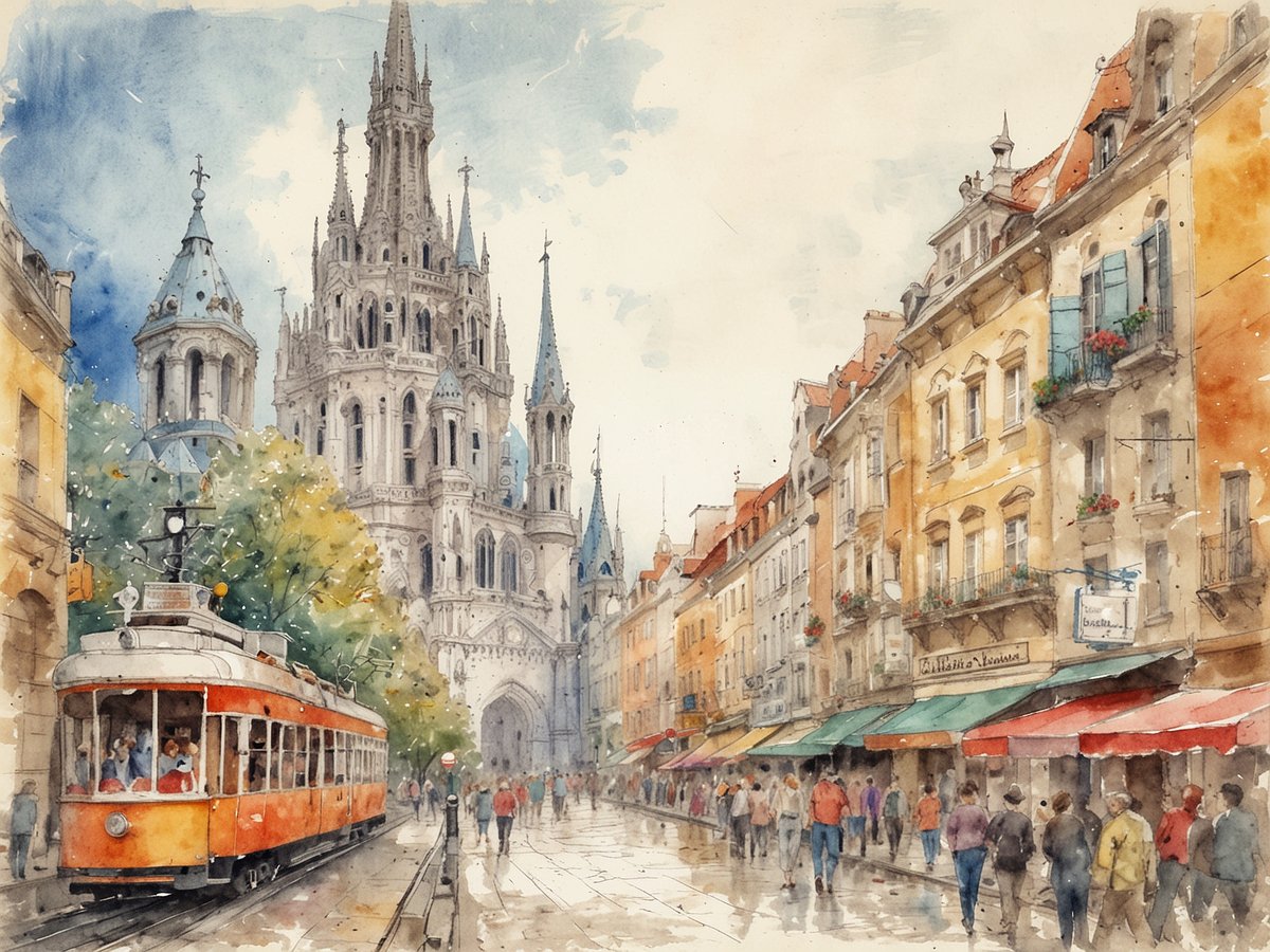 Eine malerische Straßenszene mit einer roten Straßenbahn, die an einem historischen Gebäude mit zahlreichen Türmen und einem detaillierten Eingang vorbeifährt. Die Straße ist gesäumt von charmanten, mehrstöckigen Häusern mit bunten Fensterläden und blühenden Pflanzen. Menschen gehen entspannt auf dem Bürgersteig, und der Himmel zeigt sanfte Wolken. Die Szenerie strahlt eine einladende Atmosphäre aus, die zum Verweilen und Erkunden einlädt. Das Bild repräsentiert eine urbane Umgebung, in der Tradition und modernes Leben harmonisch zusammenfließen und drängt auf die Wichtigkeit von zwei Wochen Urlaub Pflicht.