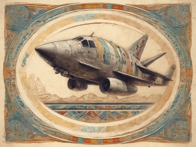 Auf dem Bild ist ein Flugzeug zu sehen, das in einem künstlerischen Rahmen dargestellt ist. Die Verwendung von traditionellem Design und Farben könnte darauf hindeuten, dass es eine Verbindung zu historischen oder kulturellen Bräuchen gibt. In vielen Kulturen werden technische Errungenschaften wie Flugzeuge oft als Symbol des Fortschritts betrachtet. 

Traditionelle Kunstformen können zudem die Harmonie zwischen Mensch und Technologie verdeutlichen, sowie das Streben nach Freiheit und Innovation, das Fliegen symbolisiert. Solche Darstellungen zeigen oft, wie moderne Entwicklungen in den Kontext von kulturellen Traditionen integriert werden können, was eine spannende Verbindung zwischen Vergangenheit und Zukunft schafft.