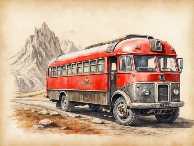 Auf dem Bild ist ein roter, nostalgischer Bus zu sehen, der auf einem schmalen Weg vor einer beeindruckenden Berglandschaft steht. Die Szenerie wirkt einladend und abenteuerlich, perfekt für Familienausflüge. Der Bus trägt das Wort „ABENTEUER“, was die Idee von Erlebnissen in der Natur unterstreicht. Diese Kulisse könnte ideal für einen Roadtrip oder ein Campingabenteuer mit der ganzen Familie sein, um die Schönheit der Natur zu entdecken und gemeinsam unvergessliche Erinnerungen zu schaffen.