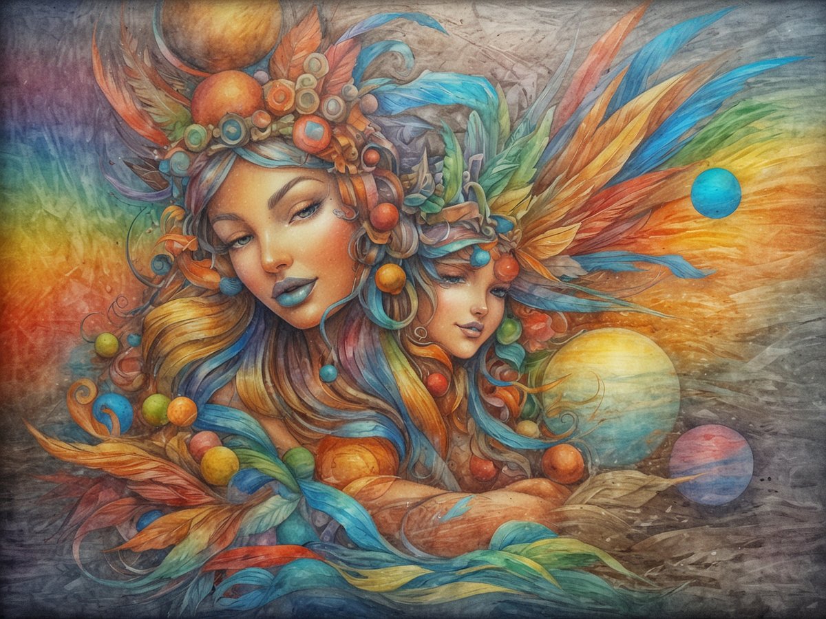 Das Bild zeigt zwei Frauen mit farbenfrohen Haaren und federartigen Elementen in ihrem Haar. Sie sind umgeben von einer Vielzahl von bunten Kugeln in verschiedenen Größen und Formen. Der Hintergrund ist in sanften Regenbogenfarben gestaltet, die von einer warmen, leuchtenden Farbpalette durchzogen sind. Die Gesichtszüge der Frauen sind sanft und ausdrucksvoll, wobei sie einen verträumten und mystischen Eindruck vermitteln. Die gesamte Komposition strahlt eine harmonische und kreative Energie aus.