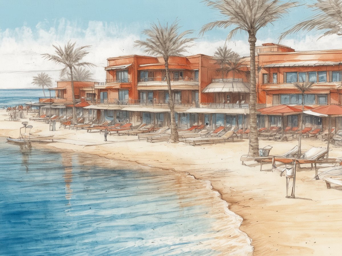 Das Bild zeigt eine künstlerische Darstellung des Aldiana CLUB NAGA BAY in Ägypten. Im Vordergrund sind weiche Sandstrände zu sehen, die sanft ins Wasser übergehen. Entlang des Strandes stehen Liegen mit roten Sonnenschirmen und Palmen spenden Schatten. Im Hintergrund befinden sich moderne Gebäude des Resorts mit großen Fenstern und Balkonen, die einen direkten Blick auf den Strand und das Meer bieten. Die friedliche Atmosphäre und die sommerliche Umgebung vermitteln ein Gefühl von Urlaub und Entspannung.