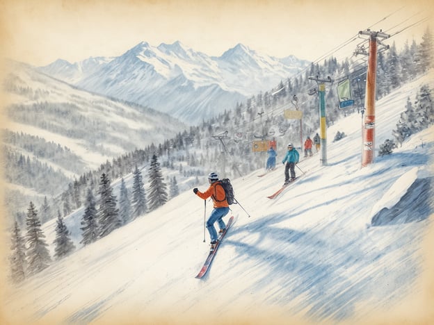 Auf dem Bild ist eine winterliche Skiszene zu sehen. Es zeigt mehrere Skifahrer, die einen Hang hinunterfahren, umgeben von schneebedeckten Bergen und Tannenbäumen. Im Hintergrund sind Skilifte und einige Schilder zu erkennen. 

Für Anfänger sind sanfte Hänge und breite Pisten ideal, um das Skifahren zu lernen, während Fortgeschrittene die Herausforderung steilerer und technischerer Abfahrten suchen. Beliebte Skigebiete bieten oft spezielle Bereiche für beide Gruppen, sodass jeder Skifahrer auf seine Kosten kommt.