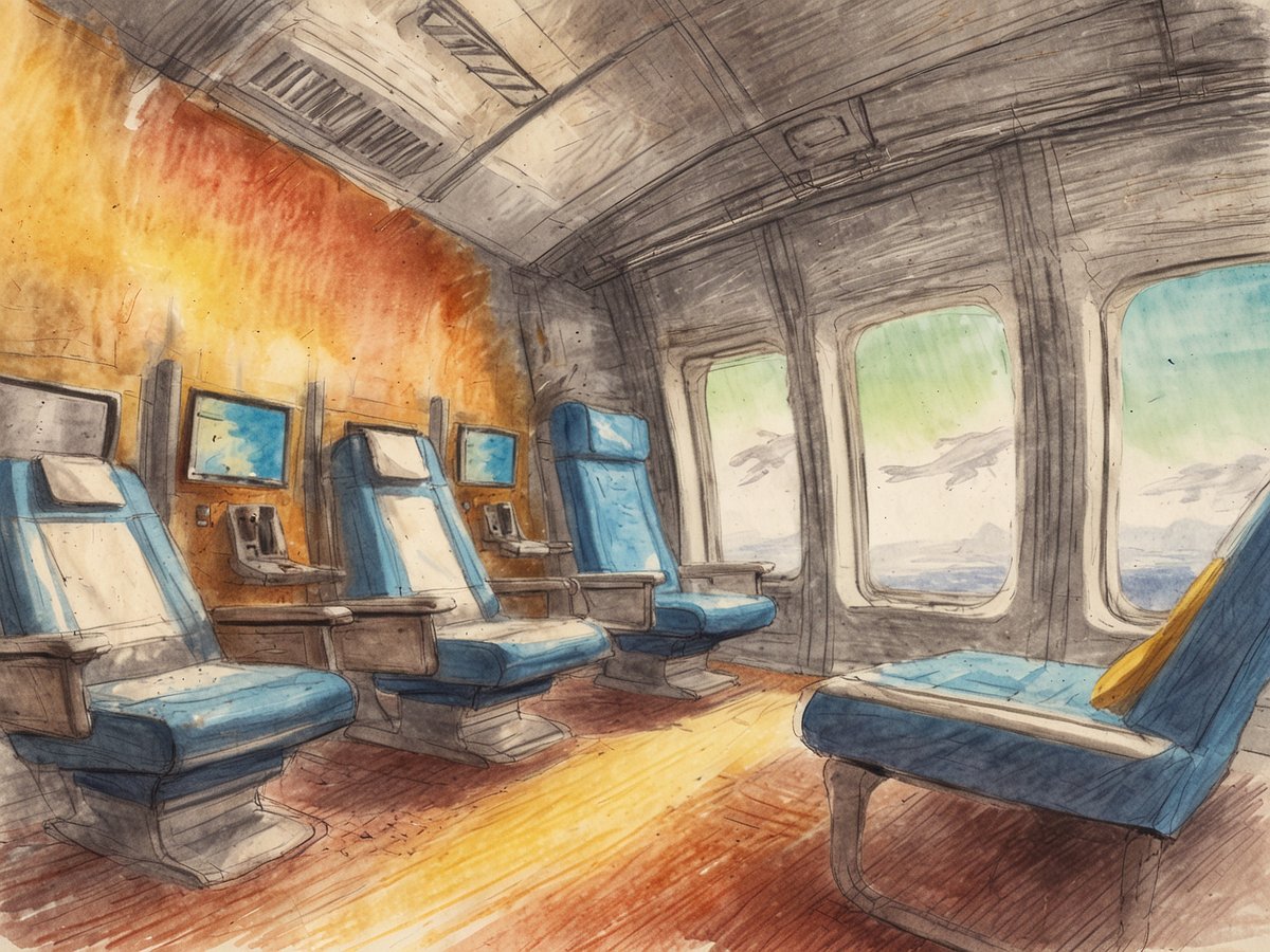 Das Bild zeigt das Innere eines Flugzeugs mit mehreren blauen Sitzen, die in Reihen angeordnet sind. Die Sitze haben eine weiße Polsterung und sind modern gestaltet. An den Sitzen sind kleine Bildschirme angebracht. Der Hintergrund des Kabineninneren ist in warmen Farbtönen gehalten, während große Fenster den Blick auf eine blaue Himmelsszene mit Wolken und möglicherweise Wasser oder Land zeigen. Die Beleuchtung im Bild vermittelt eine gemütliche Atmosphäre.