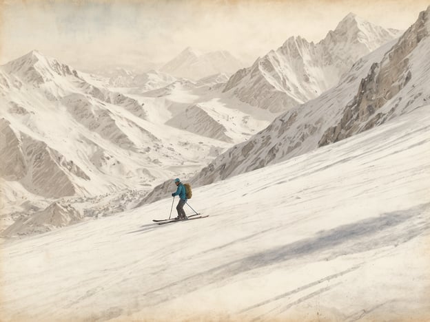 Auf dem Bild ist ein Skifahrer zu sehen, der in einer verschneiten Berglandschaft fährt. Dies erinnert an das Skigebiet am Hintertuxer Gletscher in Österreich, das bekannt für seine beeindruckenden Gletscherpisten und atemberaubenden Ausblicke auf die umliegenden Berge ist. Die Weite des Schnees und die majestätischen Felsen im Hintergrund unterstreichen die Schönheit und Herausforderungen, die das Skifahren in dieser Region bietet.