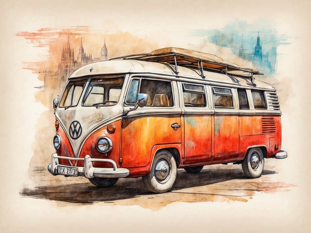 Auf dem Bild ist ein klassischer Volkswagen-Bus zu sehen, der oft als "VW Bulli" bezeichnet wird. Er hat eine auffällige orange-weiße Farbgebung und ist mit einem Dachträger ausgestattet. Im Hintergrund sind angeläufige, schemenhafte Umrisse von Gebäuden zu erkennen, die an eine Stadtlandschaft erinnern könnten. Der Bus hat eine nostalgische Ausstrahlung und ist häufig mit Reisen und Abenteuer verbunden.