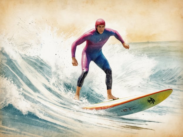 Auf dem Bild ist ein Surfer zu sehen, der auf einer Welle steht und mit Surfbrett eine dynamische Pose einnimmt. Wenn man sich das Bild im Kontext des Neusiedler Sees vorstellt, könnte man sich einen aktiven Tag am Wasser mit Sonnenschein und Spaß beim Surfen vorstellen. Der Neusiedler See, obwohl bekannt für seine ruhigen Winde, hat auch einige Surfspot-Möglichkeiten, die für Wassersportler attraktiv sind.