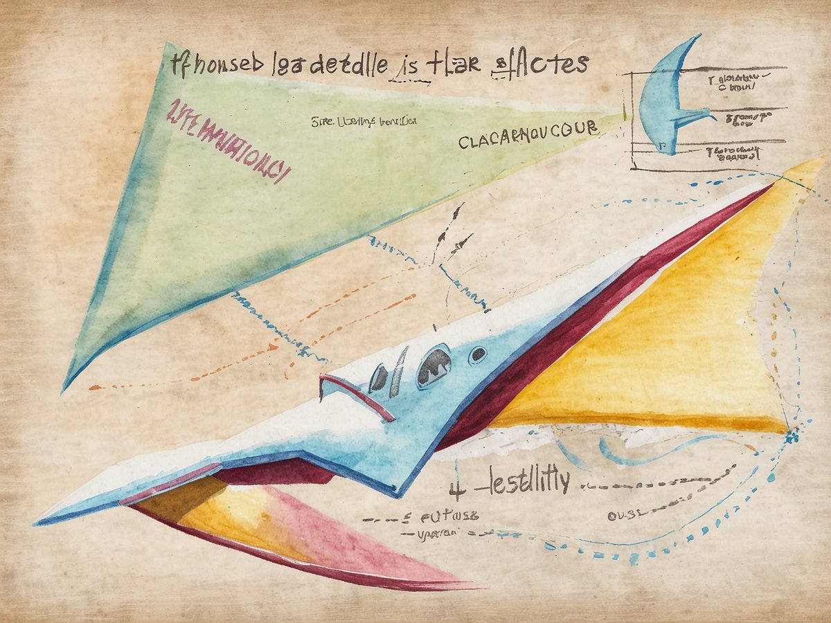 Auf dem Bild sind skizzierte Flugzeugdesigns zu sehen, die in einem kreativen, aquarellartigen Stil dargestellt sind. Die Form des Flugzeugs ist futuristisch und zeichnet sich durch spitze Kanten und verschiedene Farben aus, darunter Blau, Gelb und Rot. Es sind auch handschriftliche Notizen und Diagramme vorhanden, die technische Details und Beschreibungen enthalten. Der Hintergrund hat eine vintage-artige Textur, die dem Bild ein historisches Aussehen verleiht.
