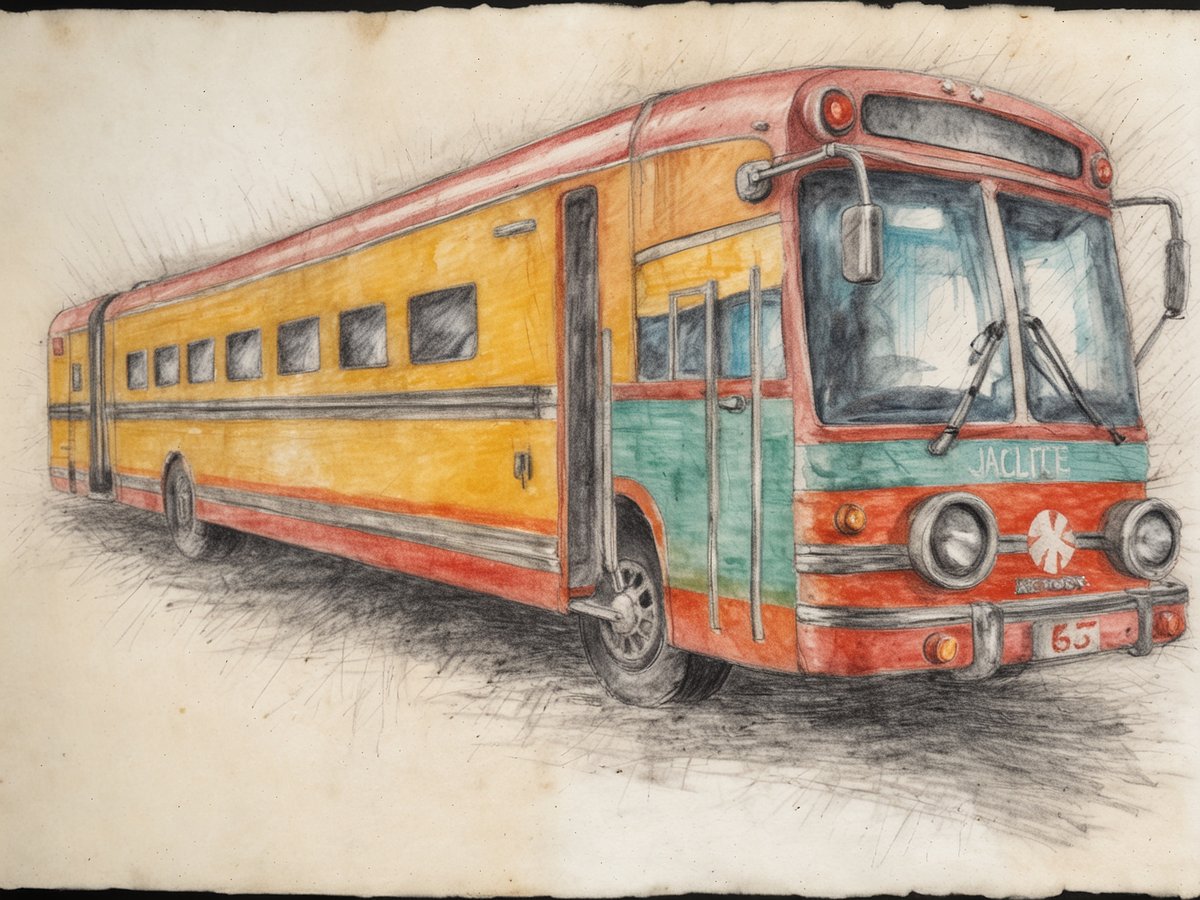 Ein farbenfroher, gezeichneter Bus steht auf einem beige Hintergrund. Der Bus hat eine gelbe Karosserie mit roten und grünen Akzenten. Die Vorderansicht zeigt große, runde Scheinwerfer und ein markantes Nummernschild. Die Seite des Busses ist mit mehreren Fenstern versehen, hinter denen sich der Innenraum abzeichnet. Eine Tür öffnet sich auf der linken Seite. Diese Reise kann spannende Abenteuer bringen, doch ohne eine Reiseversicherung könnten unerwartete Ereignisse wie gesundheitliche Probleme oder Gepäckverlust zu großen finanziellen Belastungen führen.