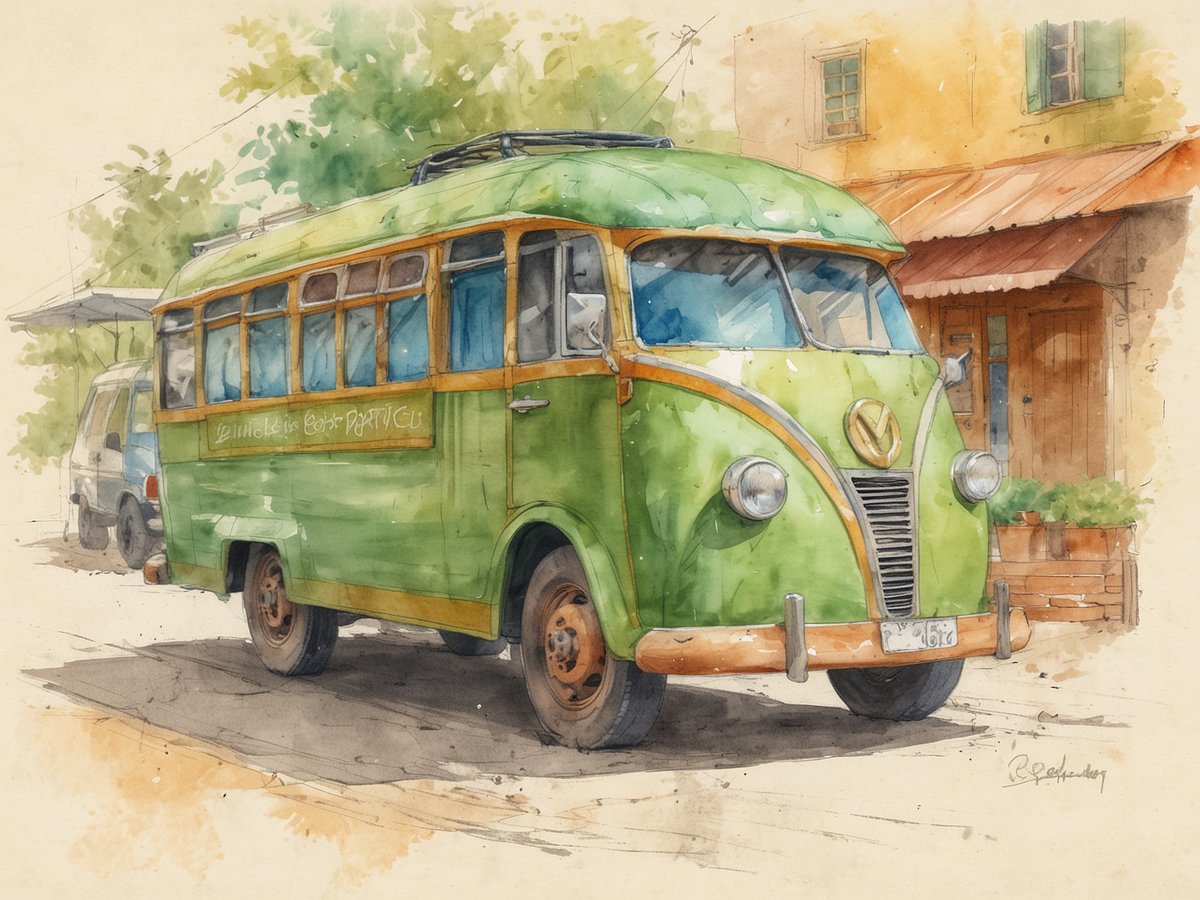 Ein vintage grüner Bus steht auf einer Straße, umgeben von Bäumen und einem ländlichen Ambiente. Der Bus hat große Scheinwerfer und ein auffälliges Design mit Holzverkleidung. Im Hintergrund sind eine rustikale Gebäude mit Fenstern und einem überdachten Bereich zu sehen. Eine entspannte, nostalgische Atmosphäre vermittelt den Eindruck eines umweltbewussten Reisens in einer malerischen Umgebung.