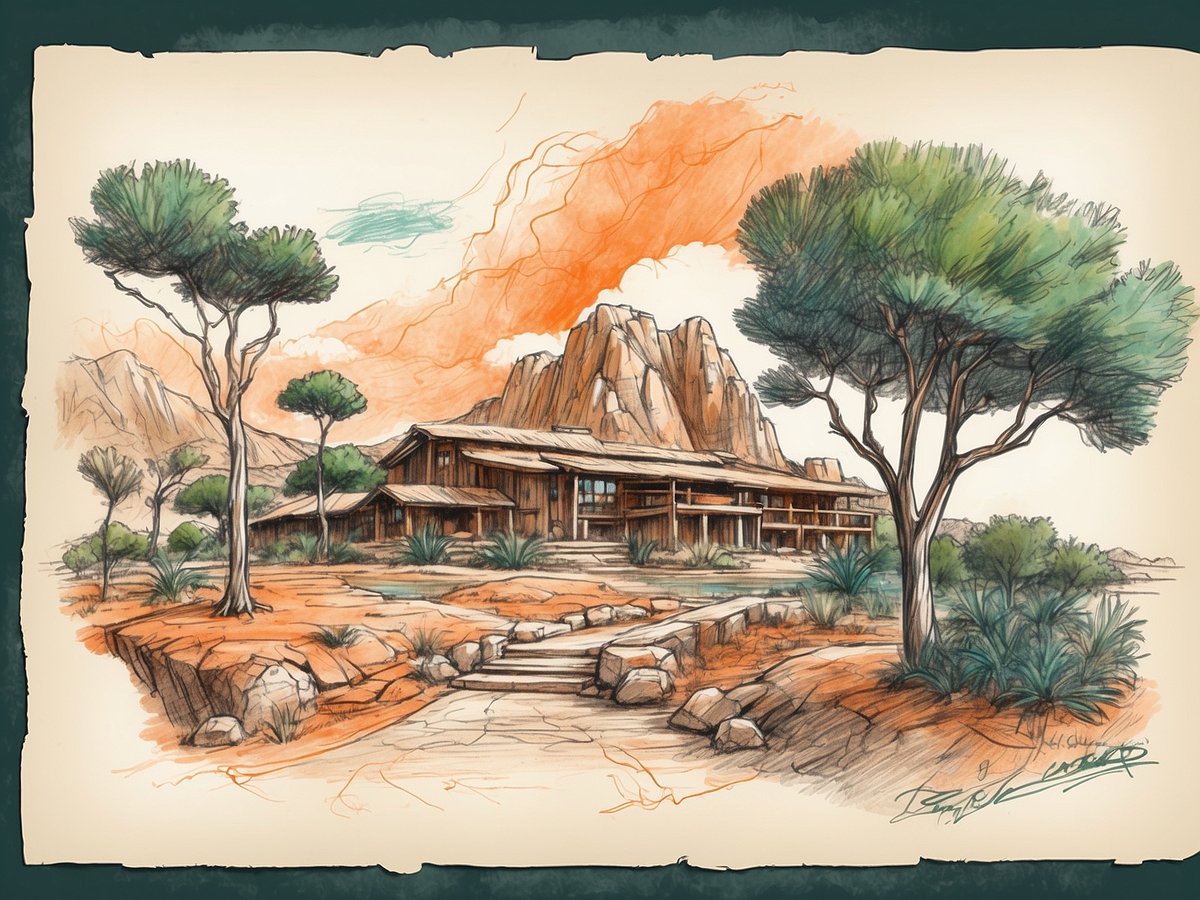 Eine künstlerische Darstellung eines Gebäudes im Stil von Terra Natura in Spanien. Das Gebäude ist aus Holz mit einem großen Dach und großen Fenstern gestaltet, umgeben von einer naturnahen Landschaft. Im Vordergrund führen Steine zu dem Gebäude, umgeben von verschiedenen Pflanzen und kleinen Bäumen. Hinter dem Gebäude erheben sich markante Felsen unter einem hellen, teils bewölkten Himmel, der mit sanften Farben skizziert ist. Die gesamte Szene vermittelt ein Gefühl von Harmonie mit der Natur.