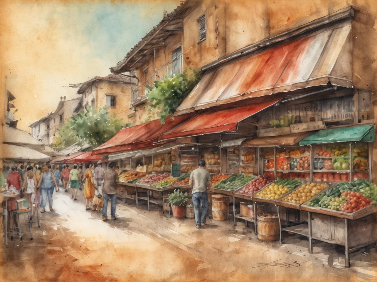 Ein malerischer Markt mit bunten Obst- und Gemüseständen zieht sich entlang einer belebten Straße. Menschen schlendern zwischen den Ständen und erkunden die frischen Produkte. Die Marktstände sind mit roten und grünen Sonnenschirmen beschattet, während im Hintergrund historische Gebäude und grüne Bäume sichtbar sind. Die warme Farbpalette schafft eine einladende Atmosphäre, die die Freude am Entdecken kulinarischer Köstlichkeiten widerspiegelt.