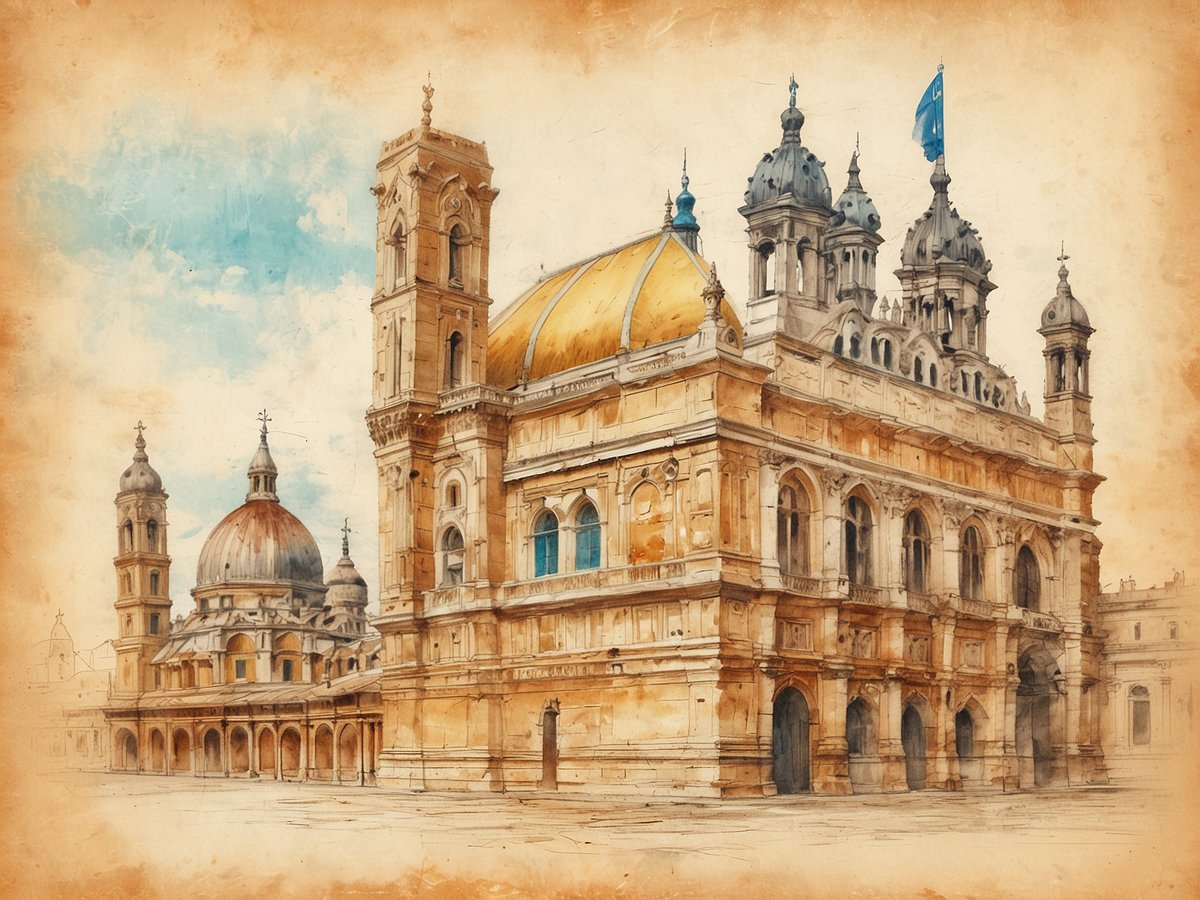 Eine malerische Ansicht eines historischen Gebäudes mit einer prächtigen goldenen Kuppel und kunstvoll verzierten Türmen. Umgeben von weiteren architektonisch beeindruckenden Strukturen mit kuppelförmigen Dächern und eleganten Säulen. Der Himmel ist in sanften Blautönen gehalten, und die gesamte Szene hat einen nostalgischen, altmodischen Flair, der an historische Kunstwerke erinnert. Perfekt für Kulturreisende, die die Schönheit von Geschichte und Kunst schätzen.