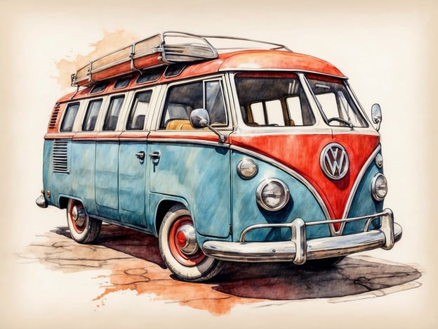 Auf dem Bild ist ein klassischer VW Bus zu sehen, der oft als VW T1 oder Volkswagen Kombi bekannt ist. Dieser Bus, der in den 1950er und 1960er Jahren populär war, zeichnet sich durch seine charakteristische runde Form und die weit öffnenden Schiebetüren aus. Das Fahrzeug hat eine auffällige Farbgebung in Blau und Rot und wird oft mit einer Dachgepäckträger ausgestattet, was typisch für Reise- und Camping-Fahrzeuge dieser Ära ist. Der VW Bus ist ein beliebtes Symbol für Freiheit und Abenteuer, insbesondere in der Hippie- und Reisekultur.