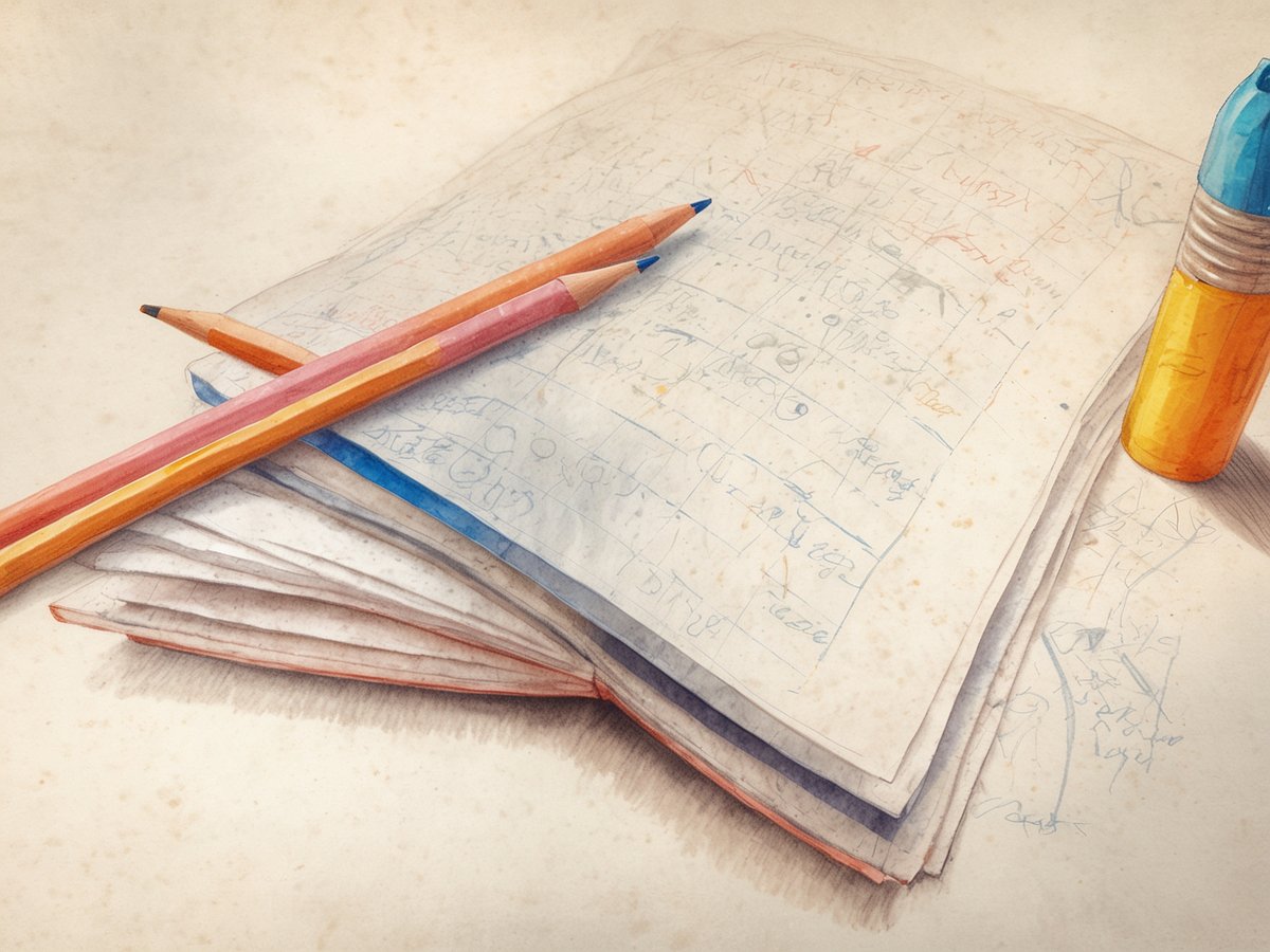 Auf dem Bild sind zwei Buntstifte in orange und rosa, die auf einem aufgeklappten Notizbuch liegen. Das Notizbuch hat Blätter mit handschriftlichen Notizen. Auf der rechten Seite des Bildes befindet sich ein gelber Stift mit blauer Kappe. Der Hintergrund ist hell und leicht strukturiert, was dem Bild eine warme Atmosphäre verleiht.