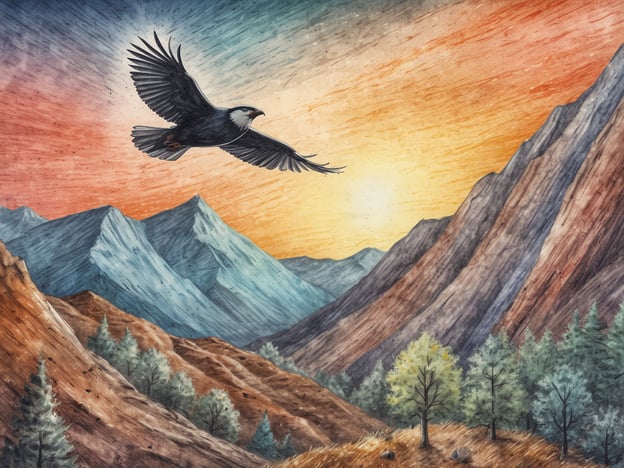 Auf dem Bild sieht man einen majestätischen Vogel, der über einer Berglandschaft fliegt. Die Szene ist in sanften Farben gehalten, die einen Sonnenaufgang darstellen. Diese Umgebung lädt zu Aktivitäten in der Natur ein, wie zum Beispiel Wandern in den Bergen, Vogelbeobachtungen oder das Genießen der schönen Aussicht bei einem Picknick in der Natur. Die stille Schönheit des Landschaftsruhes könnte auch zum Entspannen und Meditieren inspirieren.