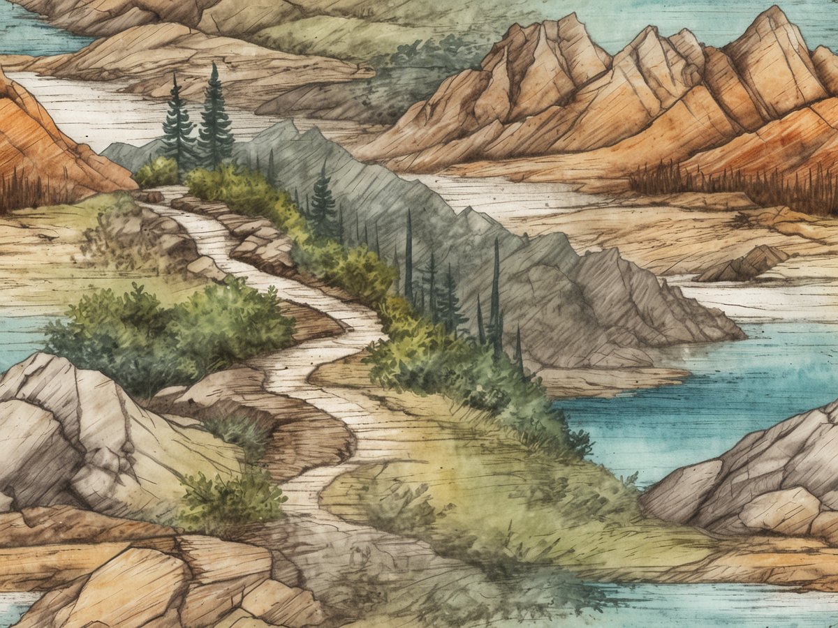 Eine malerische Landschaft mit einem geschwungenen Wanderweg, der durch sanfte Hügel führt. Der Weg ist von üppigem Grün und kleinen Büschen gesäumt und windet sich durch ein Gebiet mit steilen, zerklüfteten Bergen im Hintergrund. Auf der rechten Seite erstreckt sich ein klarer blauer See, der die umliegenden Felsen und Bäume spiegelt. Die Berge sind in sanften Erdtönen gehalten und einige sind von Wälder umgeben, während der Himmel in einem sanften Pastellton leuchtet und eine friedliche Atmosphäre vermittelt.
