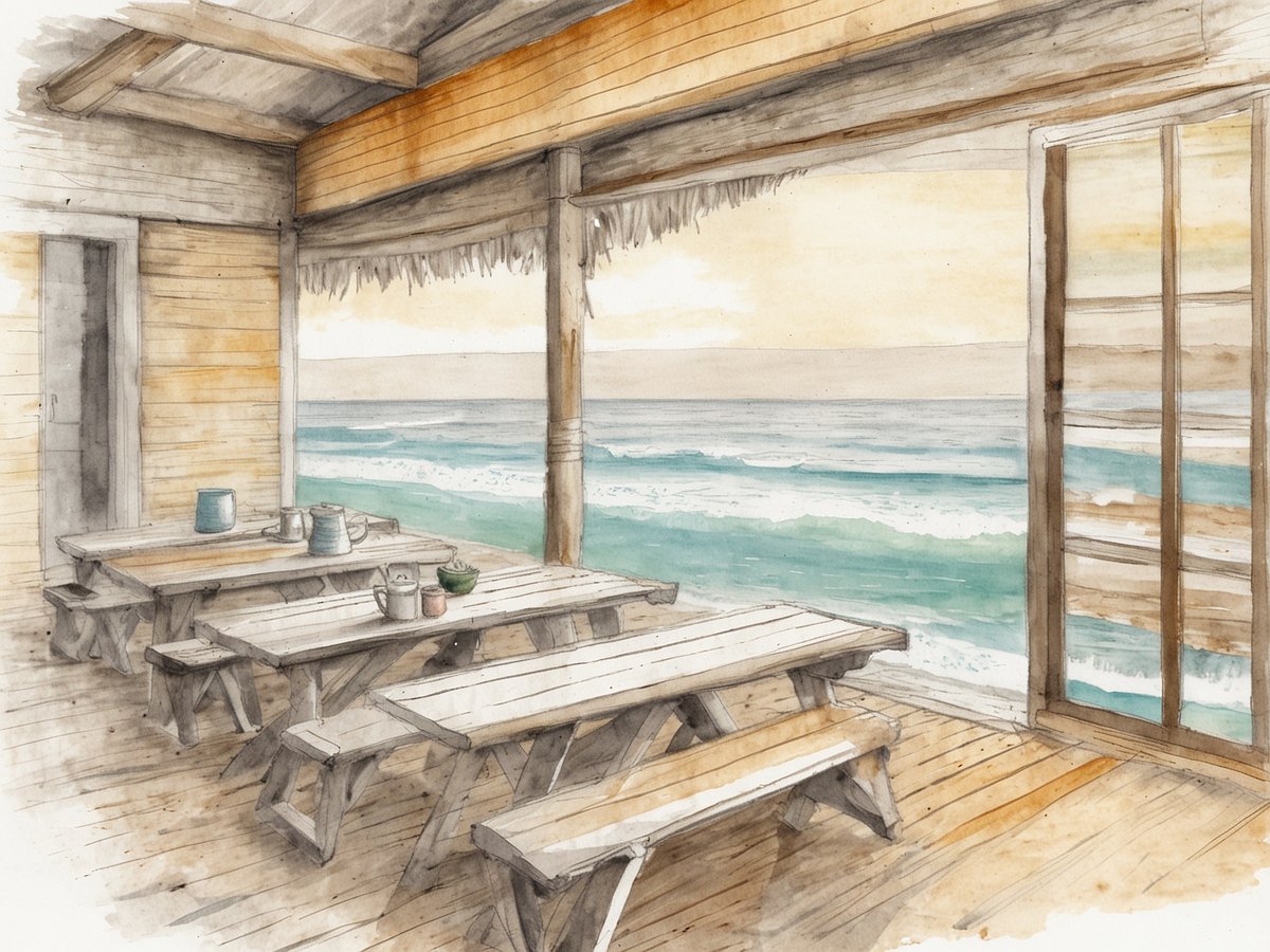 Ein offenes Strandhaus mit Holztischen und Bänken, das einen Blick auf den Ozean bietet. Die Wände sind aus Holz und der Boden ist ebenfalls aus Holz gefertigt. Auf den Tischen stehen mehrere Töpfe und Becher, während die Wellen sanft gegen den Strand schlagen. Das Licht ist warm und lädt zu entspannten Stunden ein. Die Atmosphäre strahlt Ruhe und Gelassenheit aus, ideal für einen entspannten Strandurlaub.