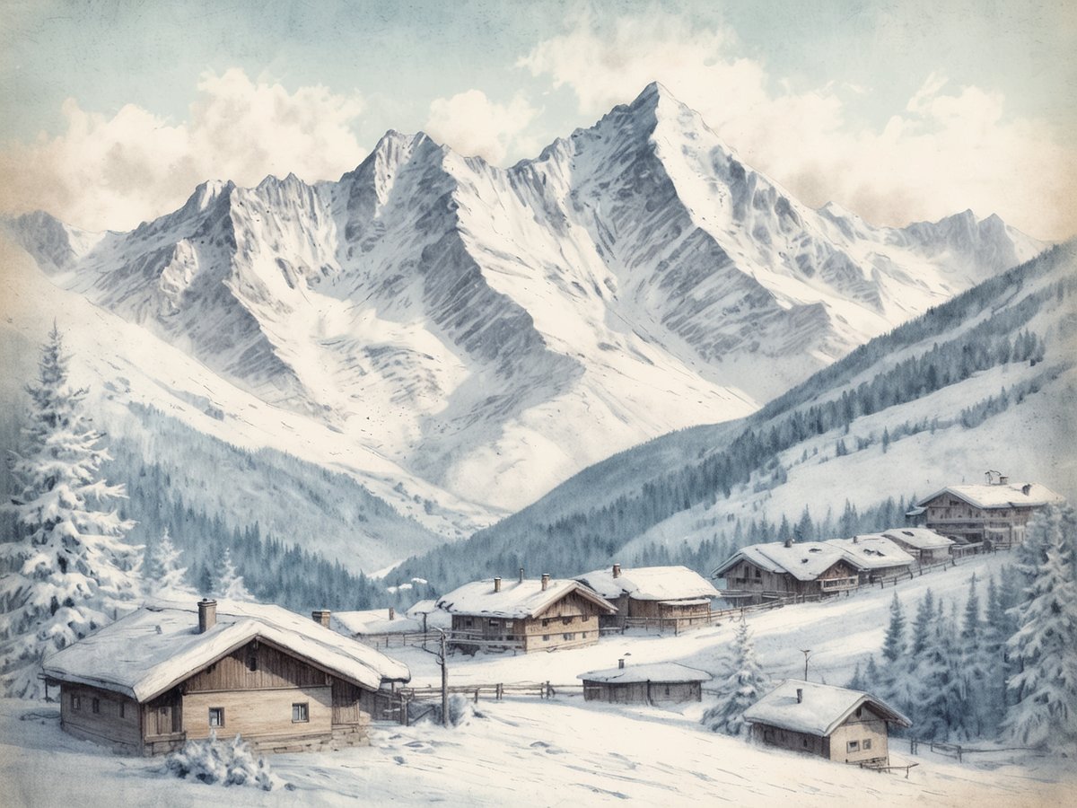 Eine malerische Winterlandschaft mit schneebedeckten Bergen im Hintergrund, die majestätisch in den Himmel ragen. Im Vordergrund stehen traditionelle Holzhäuser, umgeben von verschneiten Bäumen und sanften Hügeln. Der Himmel ist hellblau mit einigen Wolken, die eine friedliche Winteratmosphäre schaffen. Diese Szene vermittelt das Gefühl eines idyllischen Winterurlaubs und der besten Skigebiete und Winterziele.