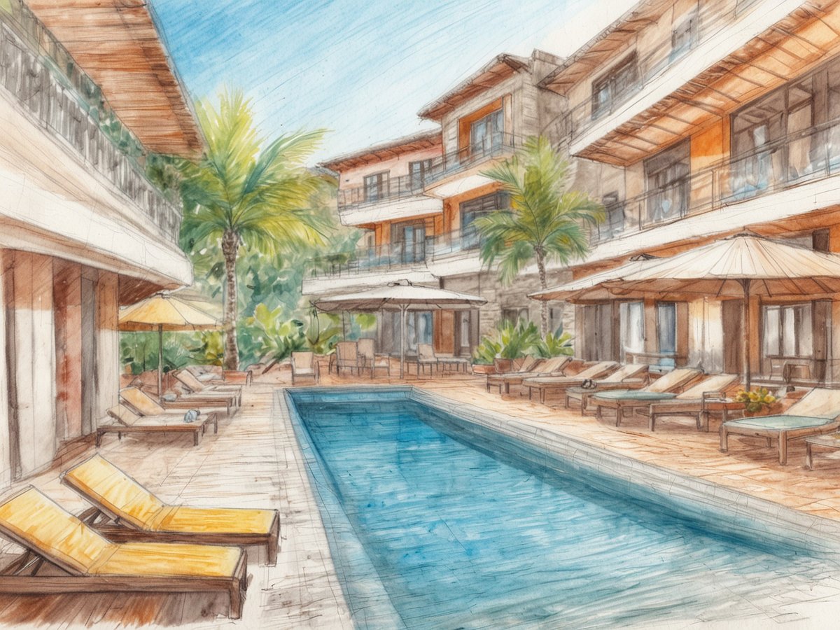 Ein einladender Poolbereich in einem tropischen Resort, umgeben von modernen Gebäuden und üppigem Grün. Am Pool stehen mehrere Liegen mit gelben Auflagen, die unter Sonnenschirmen platziert sind. Die Atmosphäre strahlt Entspannung aus und lädt dazu ein, die Sonne zu genießen und am Wasser zu verweilen. Die gelungene Kombination aus Architektur und Natur schafft eine harmonische Umgebung, die ideal für einen Urlaub ist. Eine Kreuzfahrt bietet die Möglichkeit, solche paradiesischen Orte zu entdecken und gleichzeitig den Komfort eines schwimmenden Hotels zu genießen.