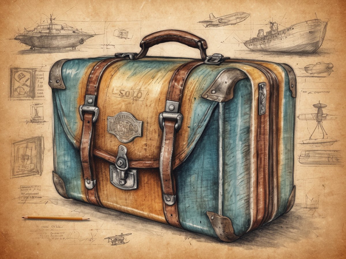 Ein alter Koffer mit einem bunten, abgedellten Lederdesign bietet Platz für die wichtigsten Reiseutensilien. Der Koffer zeigt eine Kombination aus Blau und Braun und ist mit robusten Metallelementen versehen. Um den Koffer herum sind skizzierte technische Zeichnungen von verschiedenen Transportmitteln wie Schiffen und Flugzeugen angeordnet. Diese Illustrationen vermitteln ein Gefühl von Abenteuer und Entdeckung, ideal für Alleinreisende, die neue Horizonte erkunden möchten.