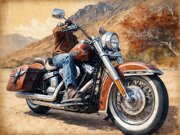 Auf dem Bild ist ein Motorradfahrer zu sehen, der auf einer Harley-Davidson sitzt. Das Motorrad hat ein klassisches Design und ist im Vordergrund platziert, während eine natürliche Landschaft mit Bergen im Hintergrund sichtbar ist. Diese Szenerie erinnert an das Harley-Treffen in Faak am See, wo viele Motorradliebhaber zusammenkommen, um ihre Leidenschaft für Motorräder zu feiern und das Gemeinschaftsgefühl zu genießen.