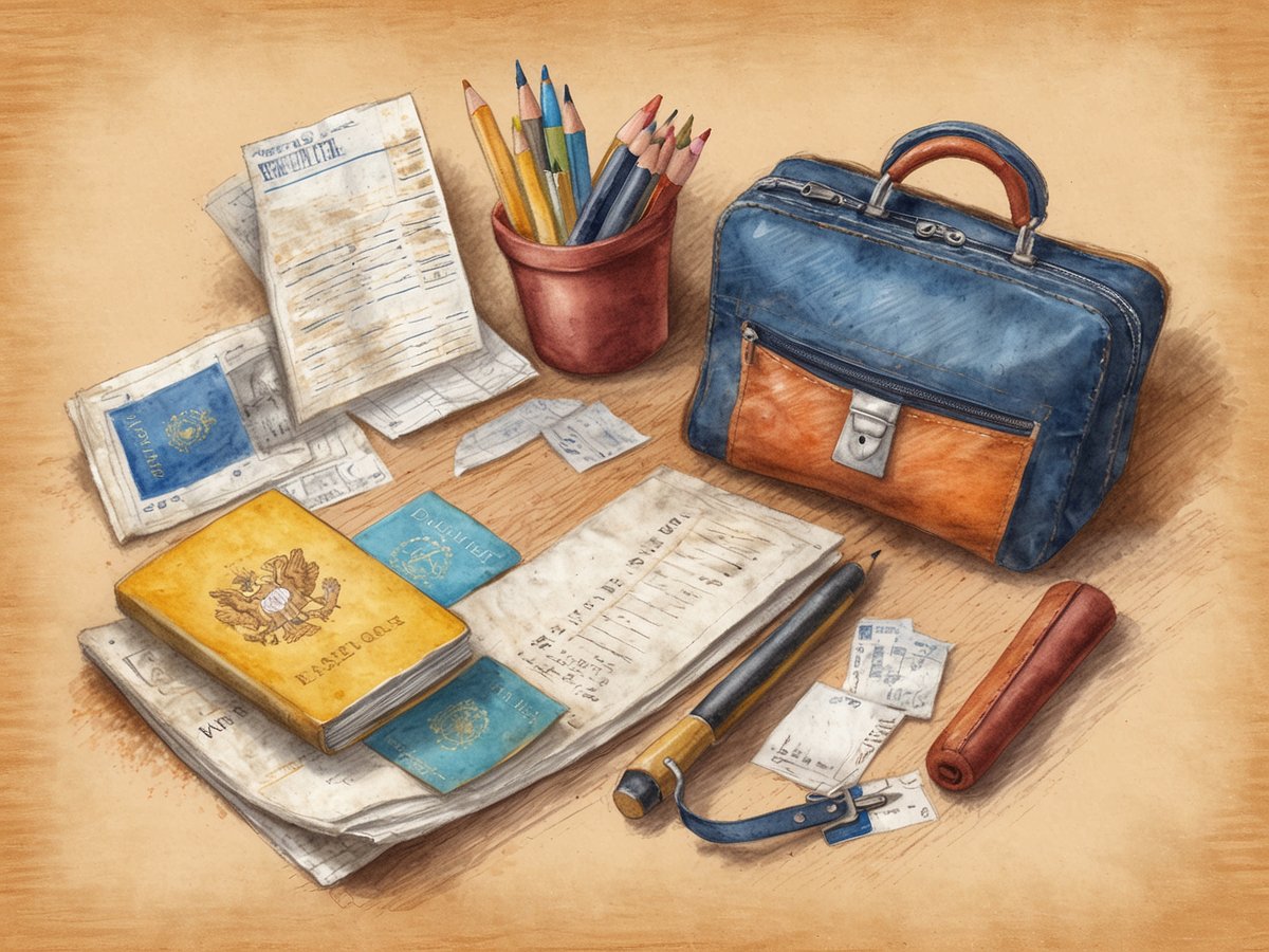 Auf dem Bild ist ein Tisch zu sehen, der mit verschiedenen Reisedokumenten und Utensilien bedeckt ist. Zu sehen sind Reisepässe in Blau und Gelb, zahlreiche Quittungen und Papiere, die ordentlich angeordnet sind. Ein buntes Bleistiftset steckt in einem kleinen Topf, der ebenfalls auf dem Tisch steht. Neben den Dokumenten liegt eine modische, zweifarbige Tasche, die eine Mischung aus Blau und Braun ist. Zudem sind ein Stift und ein kleiner Gegenstand, der wie ein Rollmaßband aussieht, vorhanden. Der Hintergrund ist in sanften Farbtönen gehalten, die dem Bild eine warme Ausstrahlung verleihen.