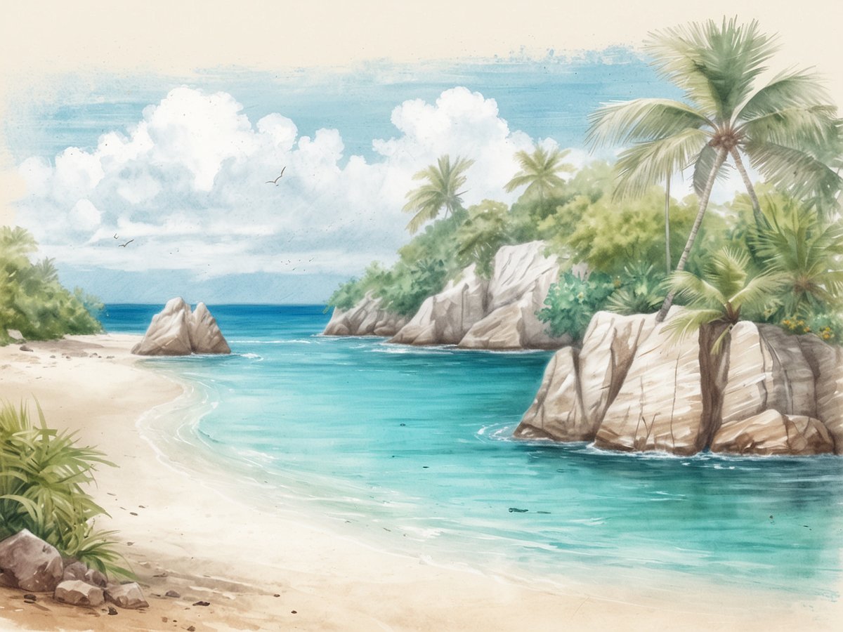 Eine malerische tropische Landschaft mit einem ruhigen Strand, feinem, hellem Sand und kristallklarem, türkisblauem Wasser. Im Hintergrund sind sanfte, grüne Hügel sowie üppige, palmenbewachsene Felsen zu sehen. Der Himmel ist hellblau mit sanften, weißen Wolken, die über das Wasser schweben. Einige Vögel fliegen am Horizont, was der Szene eine friedliche Atmosphäre verleiht.