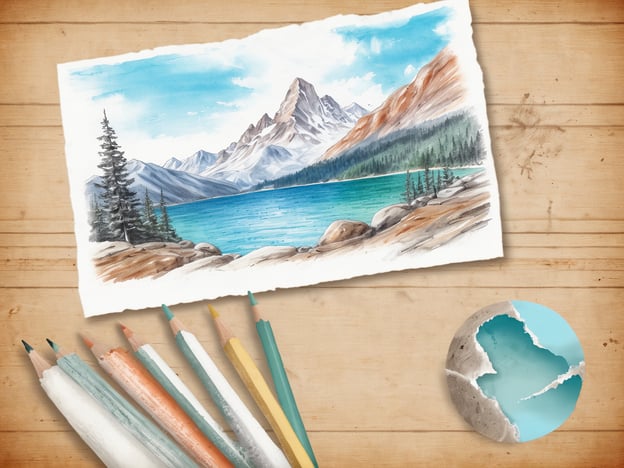 Auf dem Bild ist eine wunderschöne Aquarellzeichnung zu sehen, die die beeindruckende Landschaft um den Klopeiner See zeigt. Der See ist in einem klaren blauen Farbton dargestellt, umgeben von Bergen und grünen Bäumen. Zusammen mit den bunten Farbstiften im Vordergrund wirkt das Bild einladend und lebendig, was die Schönheit des Klopeiner Sees wunderbar einfängt.