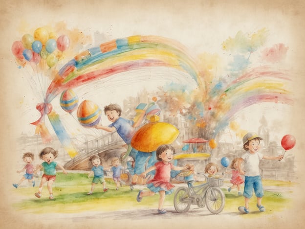 Auf dem Bild sind fröhliche Kinder zu sehen, die an einem bunten Fest oder Spieltag teilnehmen. Sie halten Luftballons in verschiedenen Farben und spielen mit großen, bunten Bällen. Einige Kinder rennen und lachen, während andere auf einem Fahrrad fahren. Die fröhliche Atmosphäre wird von einem Regenbogen aus Farben im Hintergrund unterstrichen. 

Solche Aktivitäten sind ideal für die ganze Familie, denn sie fördern das Miteinander, den Spaß und die Freude. Man könnte zum Beispiel ein Picknick im Park veranstalten, ein Spiel- oder Sportfest organisieren oder gemeinsam eine Schnitzeljagd planen. All diese Aktivitäten bringen Familienmitglieder näher zusammen und sorgen für viel Spaß!