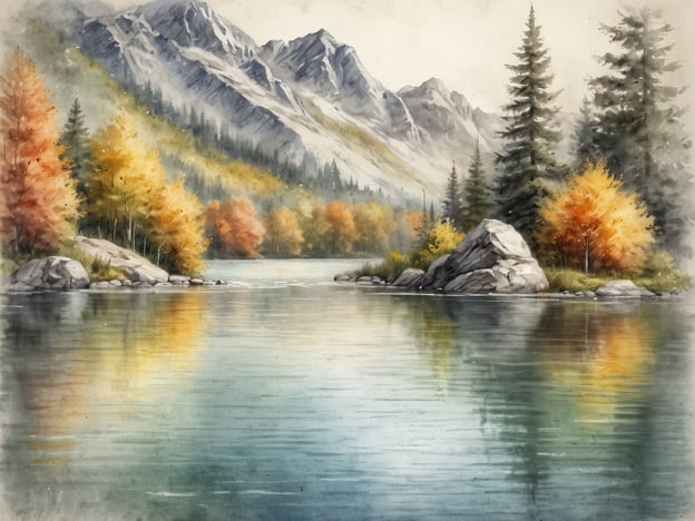 Auf dem Bild sind malerische Seen zu sehen, umgeben von majestätischen Bergen und herbstlich gefärbten Bäumen. Die ruhige Wasseroberfläche spiegelt die Farben der Landschaft wider, was eine friedliche und eindrucksvolle Szenerie schafft. In der Nähe des Wassers liegen einige Steine, die das natürliche Ambiente der Umgebung unterstreichen.