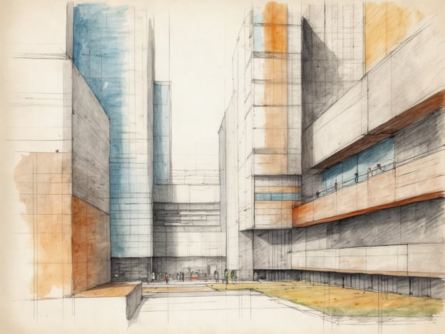 Auf dem Bild ist eine künstlerische Skizze moderner Architektur zu sehen. Die Zeichnung zeigt eine städtische Umgebung mit hohen, geometrisch gestalteten Gebäuden, die durch klare Linien und verschiedene Farbtöne von Grau, Blau und Orange hervorgehoben werden. Die Struktur vermittelt ein Gefühl von Offenheit und Licht, während die Menschen in der Szene lebendigen Charakter hinzufügen. Der zentrale Platz zwischen den Gebäuden dient als Treffpunkt und ist von einer großzügigen, minimalistischen Landschaftsgestaltung umgeben. Diese Kombination aus Bauform und Freiraum spiegelt den zeitgenössischen Fokus auf funktionale Ästhetik und die Integration von Natur in städtische Designs wider.