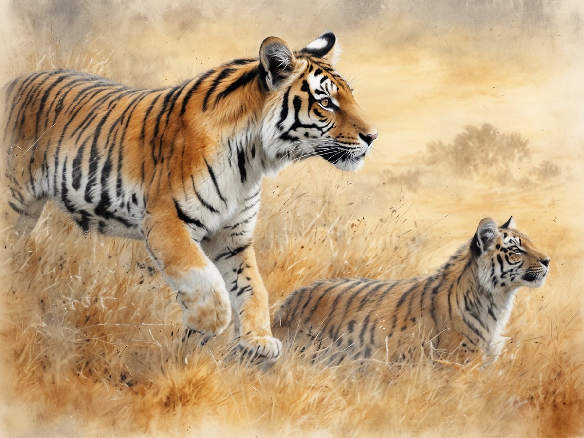 Ein majestätischer Tiger und sein Nachwuchs bewegen sich durch hohes, goldenes Gras unter einem sanften, neutralen Himmel. Der Tiger schreitet aufmerksam voran, während das Jungtier hinter ihm sitzt und die Umgebung mit neugierigen Augen beobachtet. Diese Szenerie vermittelt das Gefühl von Freiheit und Wildnis, und sie zeigt die Schönheit und Anmut dieser beeindruckenden Tiere in ihrem natürlichen Lebensraum. Eine Safari ermöglicht es, solche einzigartigen und wundervollen Momente in der Natur hautnah zu erleben, die man ein Leben lang nicht vergisst.