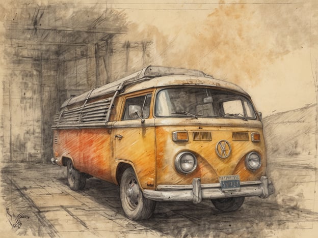 Auf dem Bild ist ein gelb-orangefarbener Volkswagen-Bus zu sehen. Die Szenerie ist in einem skizzenhaften Stil dargestellt, mit einem architektonischen Hintergrund, der an die Strukturen eines Klosters erinnert. Die Kombination aus dem Fahrzeug und der klosterartigen Kulisse schafft einen interessanten Kontrast zwischen moderner Mobilität und traditioneller Architektur. In der Darstellung sind angedeutete Linien und Schattierungen zu erkennen, die die Atmosphäre einer historischen Umgebung unterstreichen.