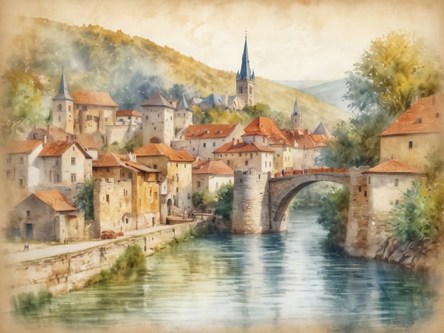 Auf dem Bild ist eine malerische Landschaft mit einer alten Stadt und einer Brücke über einen Fluss zu sehen. Die Gebäude wirken historisch und sind mit roten Dächern gedeckt. Eine sanfte Landschaft umgibt die Stadt, mit Bergen im Hintergrund. 

In Bezug auf die Bedeutung von „Melk“ heute könnte man sagen, dass es in diesem Kontext für die Pflege und Bewahrung von Traditionen steht. Die idyllische Darstellung erinnert an vergangene Zeiten und die Wichtigkeit, solche historischen Stätten und ihre Schönheit zu erhalten, ähnlich wie das Melken von Kühen in der Landwirtschaft, das ein traditioneller und wichtiger Teil der Kultur ist.