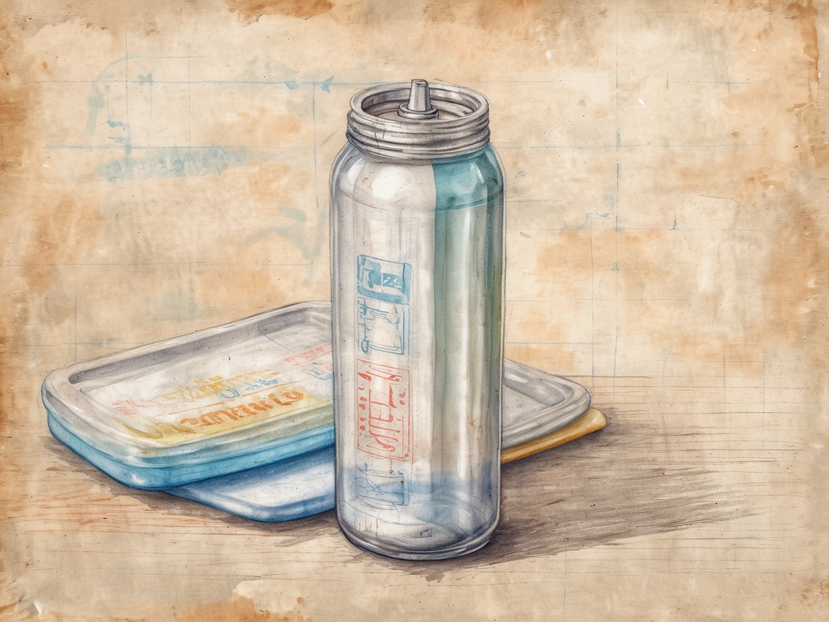 Auf dem Bild sind eine transparente Wasserflasche mit einem schmalen Ausguss und zwei dazugehörigen, bunten Essensboxen zu sehen. Die Flasche steht auf einem hellen Untergrund, während die Boxen in verschiedenen Farben, gelb und blau, leicht übereinander gestapelt sind. Der Hintergrund hat eine sanfte, beige Farbgebung mit feinen Strukturen, die dem Bild eine künstlerische Note verleihen. Achte darauf, ausreichend Wasser zu trinken, um hydriert zu bleiben und immer frische, gesunde Snacks dabei zu haben, um deine Energie während der Reise zu steigern.