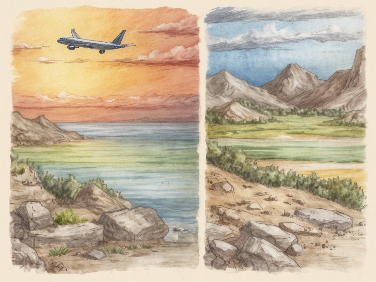 Ein Flugzeug schwebt über einem Meer in einer bunten Abenddämmerung auf der linken Seite, während rechts eine ruhige Berglandschaft mit grünen Wiesen und felsigen Bergen zu sehen ist. Die Szenerie vermittelt ein Gefühl von Reisen und Natur. Das Bild spiegelt die Möglichkeiten wider, kostengünstig neue Orte zu entdecken und die Vielfalt der Natur zu genießen.