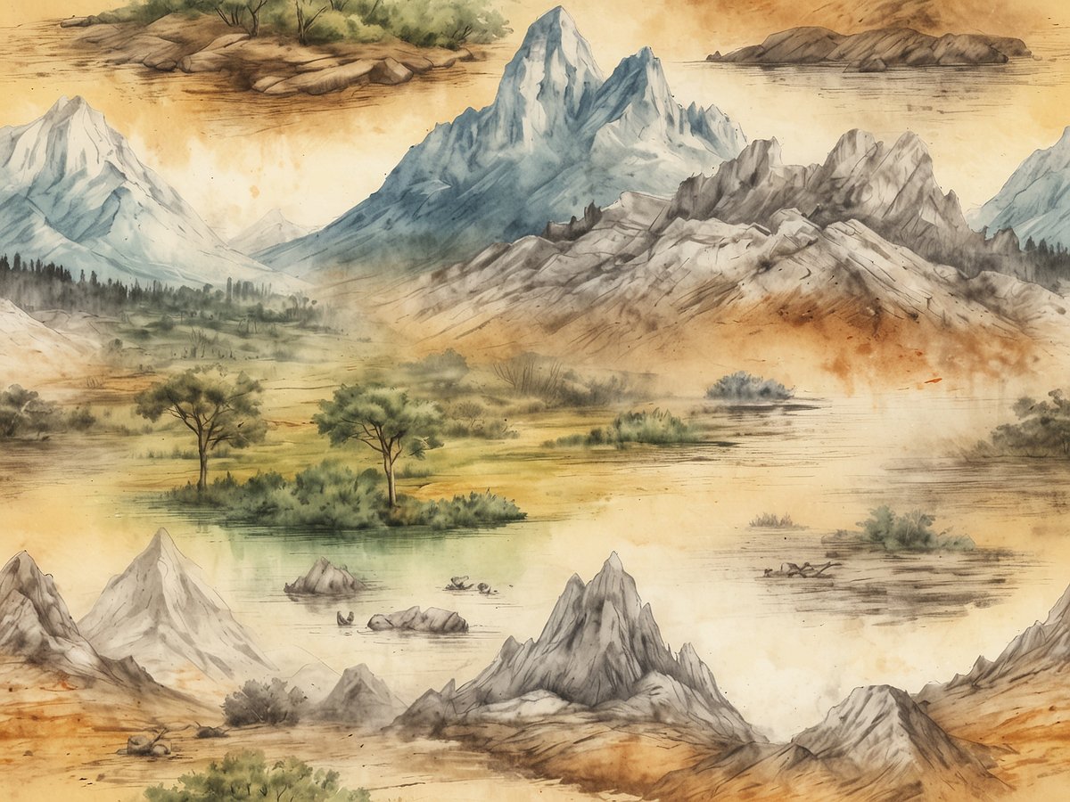 Die Illustration zeigt eine malerische Landschaft mit majestätischen Bergen, sanften Hügeln und ruhigen Wassern. Im Vordergrund sind mehrere Bäume und eine grüne Vegetation zu sehen, die sich harmonisch in die natürliche Umgebung einfügen. Die Berge in unterschiedlichen Grautönen heben sich vom sanften Himmel ab, während einige Gebietsabschnitte in warmen Erdtönen gestaltet sind. Diese faszinierende Naturszene fängt die atemberaubende Schönheit der Landschaft ein, die Neuseeland auszeichnet und den Drang weckt, dieses einzigartige Reiseziel zu erkunden.