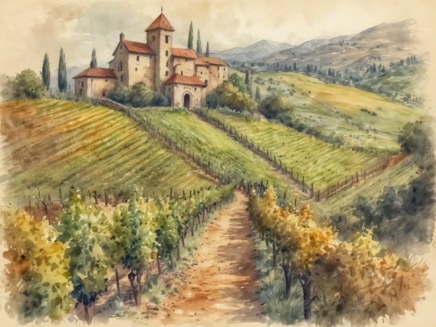 Das Bild zeigt eine idyllische Landschaft mit sanften Hügeln, Weinreben und einem malerischen Gebäude, das an ein Weingut erinnert. In der Wachau könntest du ähnliche Szenen erleben, während du durch die Weinberge spazierst, die herrliche Aussicht genießt und Weinfeste besuchst. Besucher können auch Rad fahren oder an geführten Weinproben teilnehmen, um die regionalen Weine zu entdecken. Die Wachau ist bekannt für ihre charmanten Dörfer und die Möglichkeit, entlang der Donau zu wandern oder zu schippern.