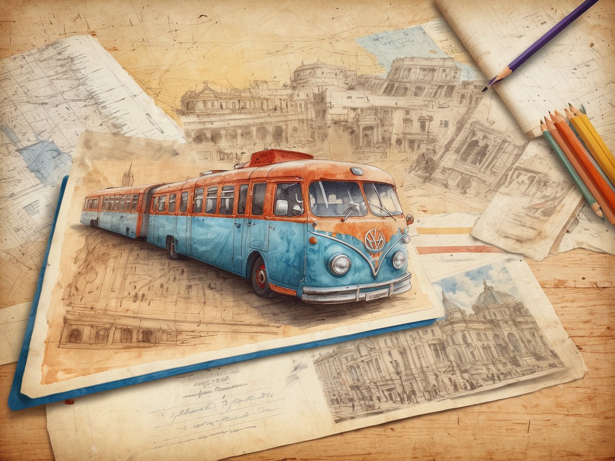 Auf dem Bild ist eine künstlerische Darstellung eines nostalgischen blauen Busses mit orangefarbenem Dach zu sehen. Dieser Bus steht auf einer Skizze und wird von alten Landkarten und Zeichnungen europäischer Gebäude umgeben. Die Farben sind sanft und vermitteln ein Gefühl von Reisen und Entdecken. Die Komposition suggeriert historische Erkundungen in Europa und inspiriert dazu, neue Reiseziele zu entdecken. Farbstifte sind in der oberen rechten Ecke angeordnet und unterstreichen die kreative Atmosphäre des Bildes.