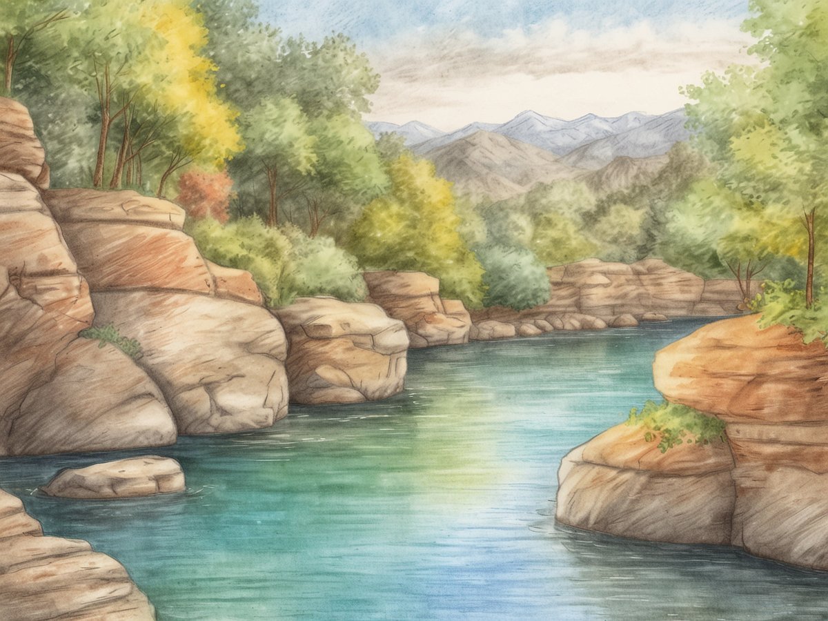 Eine friedliche Landschaft mit einem klaren, smaragdgrünen Fluss, der sich zwischen sanften, geschwungenen Felsen schlängelt. Am Ufer stehen üppige Bäume in verschiedenen Grüntönen, einige zeigen bereits die warmen Farbtöne des Herbstes. Im Hintergrund erheben sich sanfte Berge unter einem strahlend blauen Himmel mit einigen Wolken. Diese ruhige Szenerie vermittelt ein Gefühl von Erholung und Naturverbundenheit, ideal für eine entspannende Auszeit in der Natur.