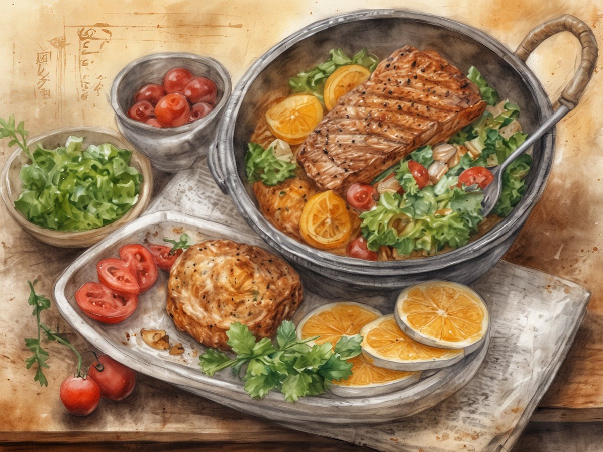 Eine appetitlich angerichtete Mahlzeit auf einem rustikalen Holzuntergrund. Im Vordergrund liegt ein Teller mit geschnittenen Tomaten und einem kleinen Brötchen, während im Hintergrund ein großes, runden Gefäß gefüllt mit gegrilltem Lachs, frischem Salat, Kirschtomaten und Zitronenscheiben zu sehen ist. Ein weiterer kleiner Schüssel mit Blattsalat rundet das Bild ab. Diese Darstellung spiegelt die Vielfalt und den Reichtum der japanischen Küche wider und lädt dazu ein, eine Reise nach Japan zu planen, um authentische japanische Gerichte zu erleben und die Kultur hautnah kennenzulernen.