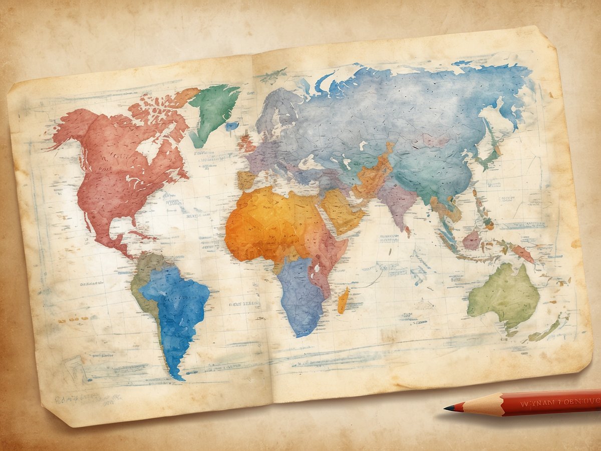 Eine alte Weltkarte ist abgebildet, die in Aquarellfarben gehalten ist. Verschiedene Kontinente sind in unterschiedlichen Farbtönen dargestellt, wie Rot für Nordamerika, Blau für Südamerika, Orange für Afrika, Grün für Australien und verschiedene Blautöne für Europa und Asien. Die Karte hat einen Antiquitäten-Effekt mit einem leicht vergilbten Hintergrund und einer Bleistiftmarkierung in der unteren rechten Ecke.