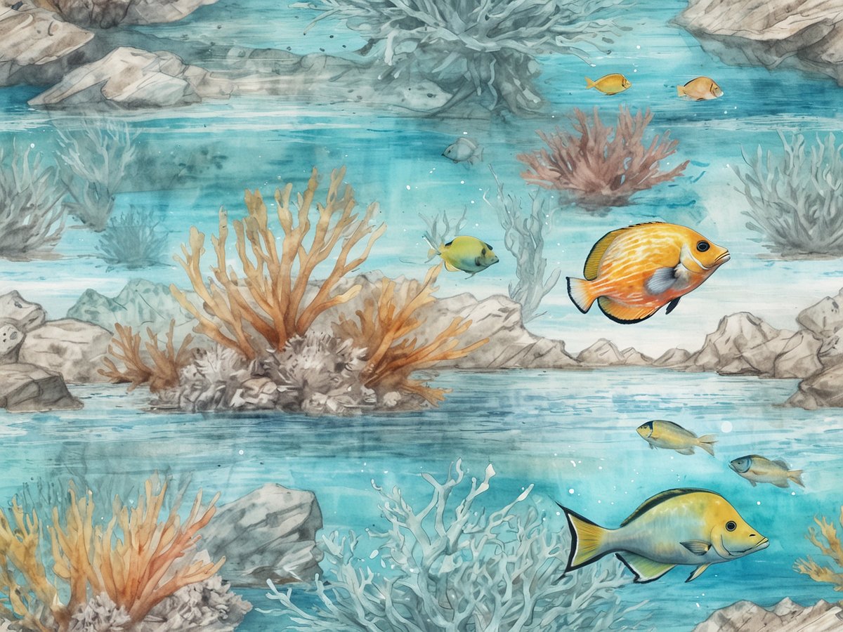 Buntes Unterwasserbild mit verschiedenen Fischarten, darunter ein orangefarbener Fisch und ein gelber Fisch, die durch das klare Wasser schwimmen. Umgeben von bunten Korallen und Felsen zeigt die Szene eine lebendige tropische Unterwasserlandschaft, die ideale Bedingungen für Wassersportler bietet, die Schnorcheln oder Tauchen möchten.