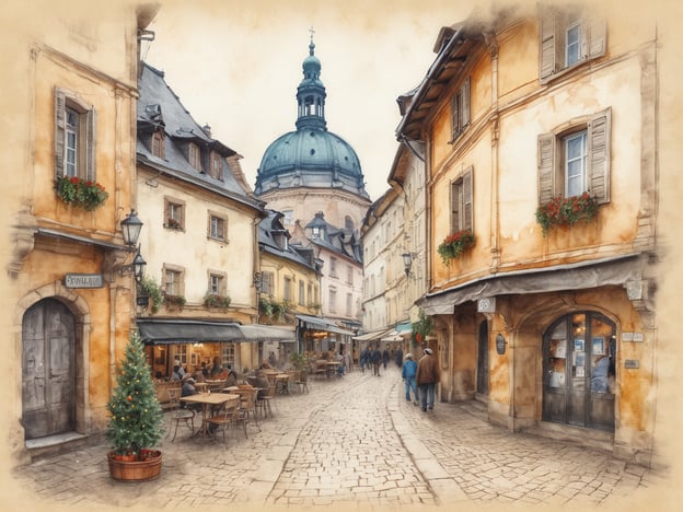 Auf dem Bild ist eine malerische Stadtstraße zu sehen, die an die charmanten Gassen von Steyr erinnert. Es könnte sich um die Altstadt handeln, wo historische Gebäude und gemütliche Cafés sich mit modernen Geschäften und Restaurants vermischen. Der markante Turm in der Hintergrund könnte die Stadtpfarrkirche Steyr oder eine andere bedeutende Kirche sein, die die Skyline von Steyr prägt. Außerdem sind in der Gasse Blumen und eine Weihnachtsbaum-Dekoration zu erkennen, was auf eine festliche Stimmung hindeutet, die in der Adventszeit typisch für Steyr ist.