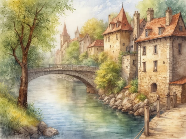 Auf dem Bild ist eine malerische Landschaft zu sehen, die an romantische Orte in Steyr erinnern könnte. Die Brücke, die sanft über den fließenden Fluss führt, könnte zum Beispiel die Bummerlbrücke darstellen, die eine charmante Aussicht auf die Stadt bietet. Die Fachwerkhäuser mit ihren roten Dächern erinnern an die Altstadt von Steyr, die für ihre historische Architektur bekannt ist. Die üppigen Bäume und die friedliche Wasseroberfläche schaffen eine idyllische Atmosphäre, die perfekt für romantische Spaziergänge am Abend ist. Orte wie der Stadtplatz oder der Schlosspark Steyr bieten ähnliche, zauberhafte Erlebnisse in dieser wunderschönen Stadt.